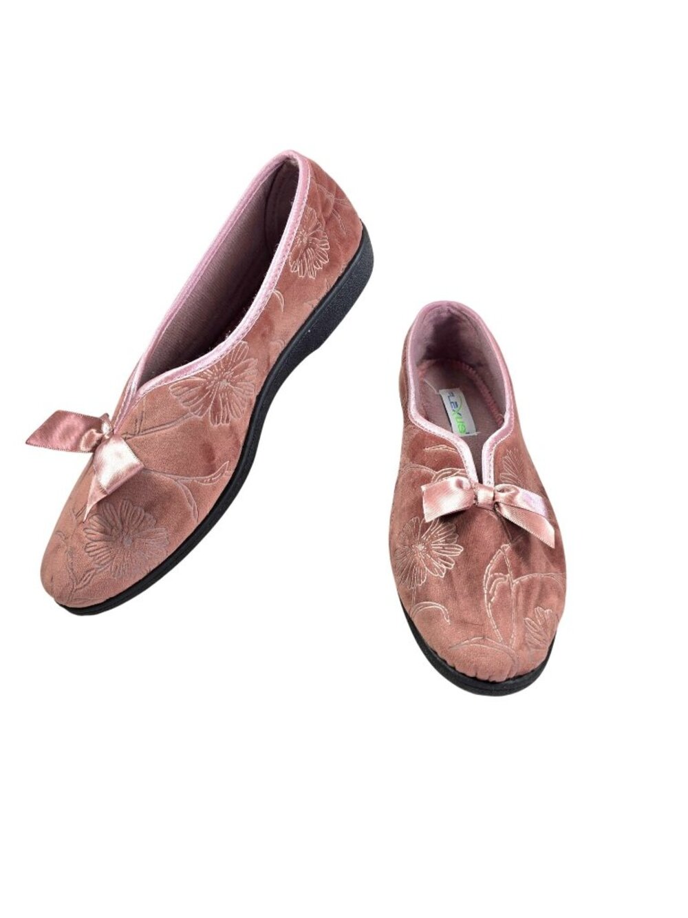 Vintage Womens Pink Embroidered Velvet House Slippers Sz 7.5M Satin Bow
